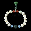 Dyed Bodhi Wood & Natural Agate Beaded Stretch Bracelet with Lotus Charms for Women BJEW-R310-01-2