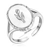 Anti-Tarnish Rhodium Plated 925 Sterling Silver Oval with Tulips Open Cuff Ring JR898A-3