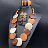 Bohemian Vintage Style Wooden Flat Round Beaded Necklaces & Dangle Earrings & Beadeed Bracelets Sets for Women FS-WGEDB9C-01-4