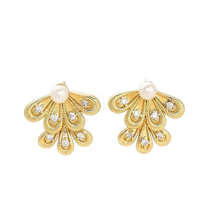 Leaf Brass Micro Pave Clear Cubic Zirconia Stud Earring Findings KK-D102-04G-1