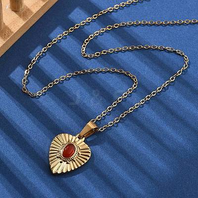 304 Stainless Steel Red Cubic Zirconia Heart Pendant Necklaces NJEW-S439-06G-1