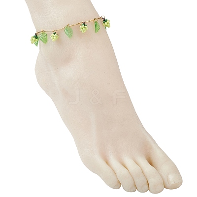 Acrylic Leaf & Glass Seed Beaded Grapes Tassel Brass Bar Link Chain Anklets for Women AJEW-MZ00008-02-1