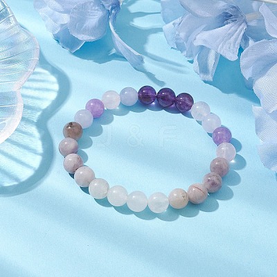 8mm Round Natural Amethyst & Quartz Crystal & Aquamarine & Rose Quartz Beaded Stretch Bracelets BJEW-TA00514-04-1