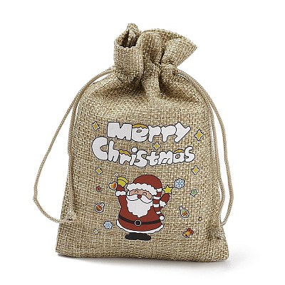 Christmas Printed Burlap Packing Pouches Drawstring Bags ABAG-Q053-02A-07-1