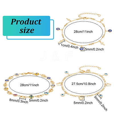 3Pcs 3 Style Butterfly & Cross & Enamel Evil Eye Charm Anklets Set AJEW-AN0001-06-1