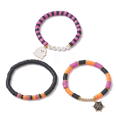 3Pcs Halloween Theme Handmade Polymer Clay Beaded Stretch Bracelets X1-BJEW-TA00466-1