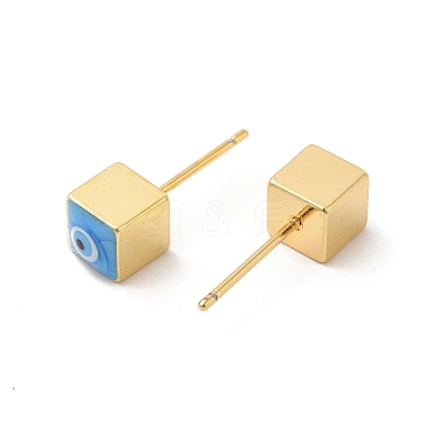 Long-Lasting Plated Cube with Enamel Evil Eye Stud Earring EJEW-E272-01G-01-1