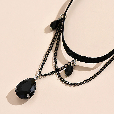 Glass Teardrop Tassel Alloy Chain Velvet Cord Anklets for Women FS-WGE307F-01-1
