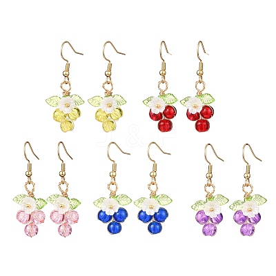 Flower with Round Acrylic & Glass Bead Dangle Earrings EJEW-JE06634-1