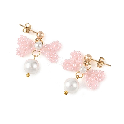 Glass Seed Bead and Shell Pearl Bead Dangle Earrings EJEW-MZ00766-01-1