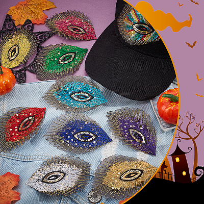 AHADEMAKER 20Pcs 10 Colors Self Adhesive Peacock Feathers Polyester Embroidery Cloth Patches DIY-GA0003-36-1