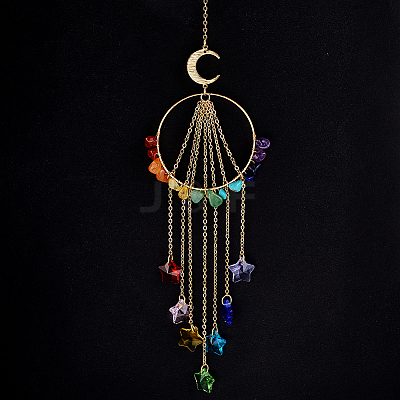 Chakra Natural & Synthetic Gemstone Chips & Brass Ring Hanging Suncatchers HJEW-BM00074-1