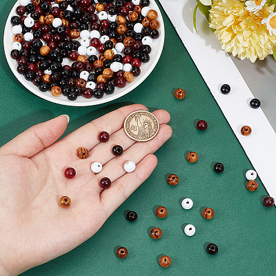 250Pcs 5 Colors Spray Painted Round Natural Schima Wood Beads WOOD-PA0001-74-1