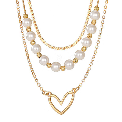 Heart Alloy & Plastic Imitation Pearl 3 Layer Necklaces for Women FS-WGA62EB-01-1