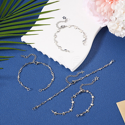 4Pcs 2 Styles 304 Stainless Steel Star & Rhombus Link Chain Bracelet Making AJEW-TADJ00008-1