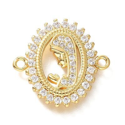 Rack Plating Brass Clear Cubic Zirconia Religion Virgin Mary Oval Connector Charms KK-M298-03G-1