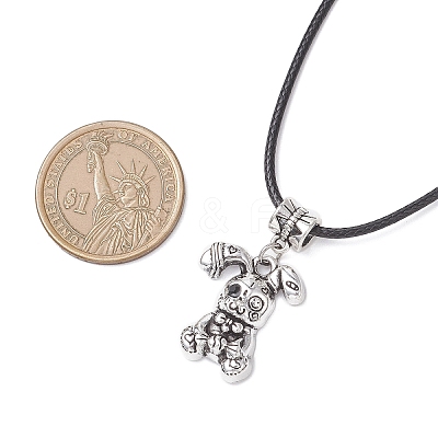 Alloy with Black Glass Rabbit Pendant Waxed Cord Necklaces for Women NJEW-JN05540-1
