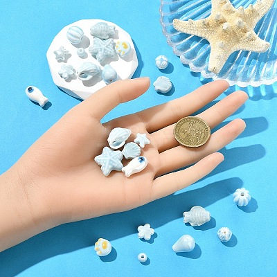 24Pcs 12 Styles Blue Color Theme Glazed Porcelain Beads PORC-YW0001-40-1
