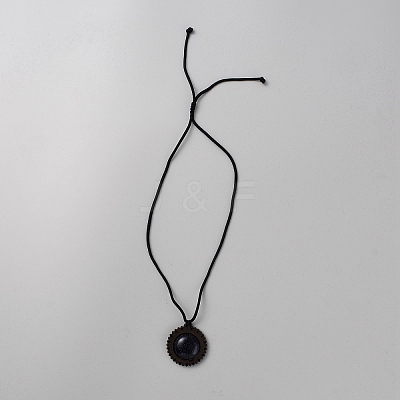 Synthetic Blue Goldstone & Wood Flower Pendant Necklace with Adjustable Nylon Cords NJEW-WH0002-118D-1