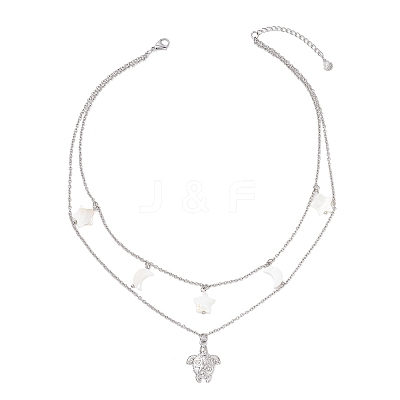 304 Stainless Steel Sea Turtle & Natural Freshwater Shell Star Pendant Double Layer Necklaces for Women NJEW-JN05403-1