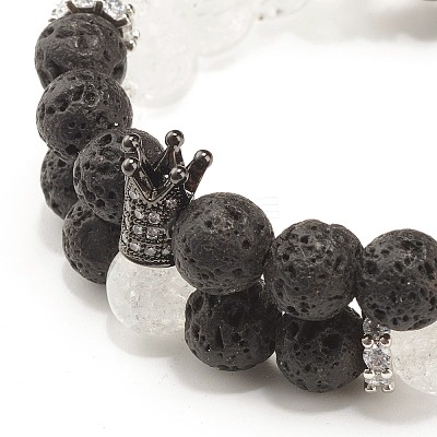 Natural Crackle Quartz & Lava Rock Round Beads Stretch Bracelets Set BJEW-JB07205-1