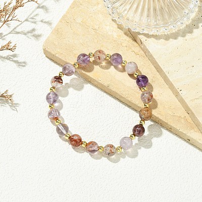 Round Natural Rutilated Quartz & Brass Beaded Stretch Bracelets for Women BJEW-JB14054-1