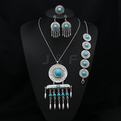 Flat Round Alloy with Resin Pendant Necklace & Stud Dangle Earring & Link Bracelet & Ring FS-WGB1F06-12-1