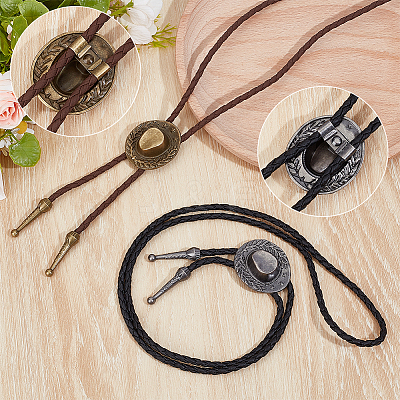 2Pcs 2 Colors Western Zinc Alloy Bolo Tie Cowboy Hat Lariat PU Leather Cord Necklaces NJEW-WR0001-03-1