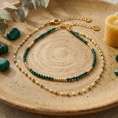 Faceted Round Natural Malachite and Faux Pearl Beaded Double Layer Necklaces with Stainless Steel Cable Chains for Women QA9990-1-1