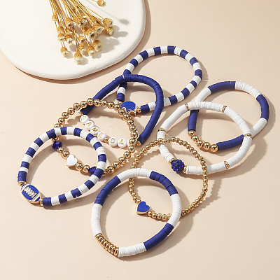 8Pcs 1Bag Rugby Polymer Clay Heishi & CCB Plastic Beaded Stretch Bracelets Set BJEW-PA0001-12B-1