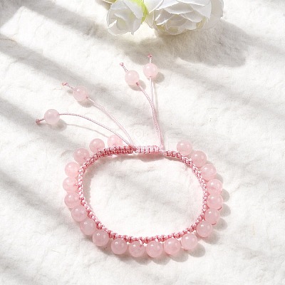 Adjustable Natural Rose Quartz Beads Braided Bead Bracelets for Women BJEW-L713-B01-1