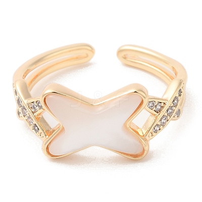 Natural Shell Criss Cross Open Cuff Ring with Cubic Zirconia RJEW-G288-05G-1