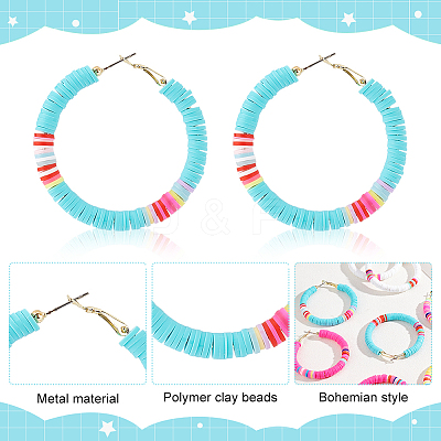 6 Pairs 6 Colors Polymer Clay Heishi Surfer Beaded Hoop Earrings EJEW-AN0002-23-1