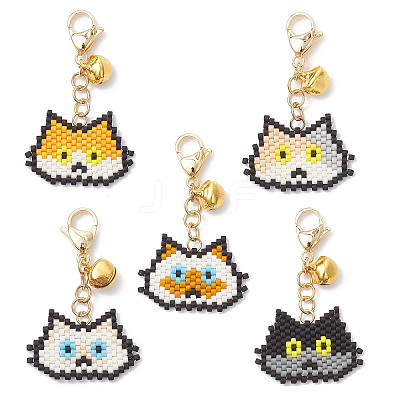 5Pcs Handmade Glass Seed Beaded  Cat Head Shape Pendants Decorations HJEW-MZ00366-1