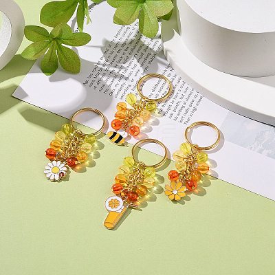 4Pcs Flower/Bee/Orange Juice Alloy Enamel Pendant Keychain KEYC-JKC00412-05-1