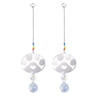 2Pcs 201 Stainless Steel Paw Print Shape & Rainbow Crystal Glass Hanging Suncatcher HJEW-TA00447-1