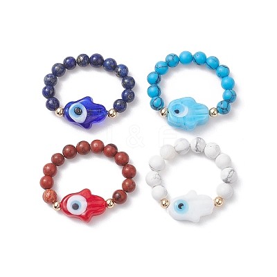 Natural & Synthetic Mixed Gemstone & Evil Eye Lampwork Beaded Stretch Rings RJEW-JR00573-1