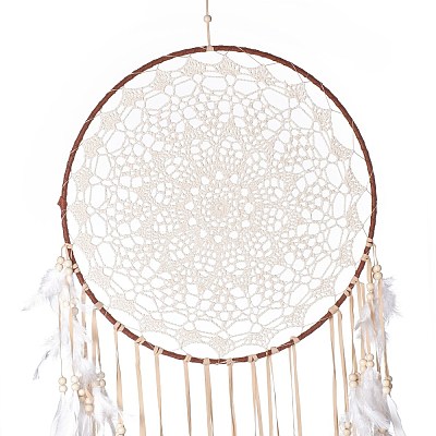 Handmade Round Cotton Woven Net/Web with Feather Wall Hanging Decoration HJEW-G015-02A-1