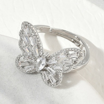 Adjustable Brass Butterfly Finger Rings with Clear Cubic Zirconia CU-CBA7E55-18P-01-1