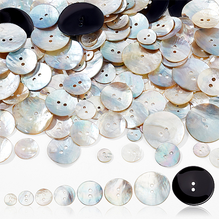 AHADERMAKER 160Pcs 8 Styles 2-Hole Flat Round Mother of Pearl Buttons SHEL-GA0001-18-1