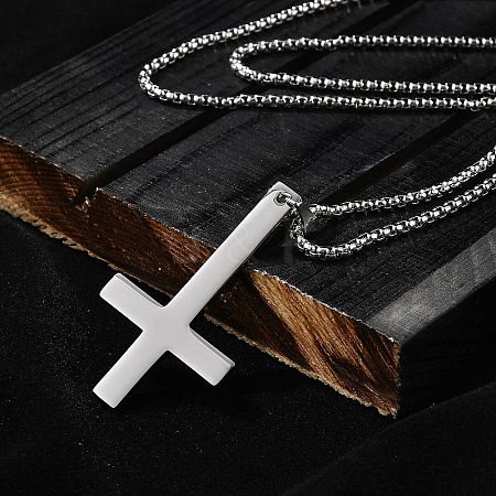 304 Stainless Steel Upside Down Cross Pendant Box Chain Necklaces NJEW-NH0001-07P-1