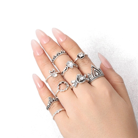 9Pcs Boho Alloy Rhinestone Plain Band Rings PW-WG2EE61-01-1