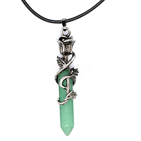 Metal Rose Flower Wrapped Pointed Natural Green Aventurine Bullet Pendant Necklaces PW-WG450FA-06-1