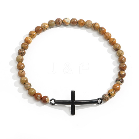 Men's Picture Jasper Beaded Cross Bracelet MS7461-10-1