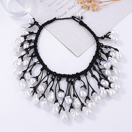 Plastic Baroque Pearl Nuggets Beads Tassel Woven Black Waxed Cord Bib Necklaces for Women FS-WG578A2-02-1