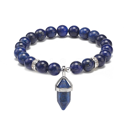 Natural Lapis Lazuli(Dyed) Round Beaded Stretch Bracelet with Bullet Charms BJEW-JB09018-01-1