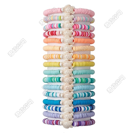 16Pcs 16 Colors Dyed Synthetic Turquoise & Handmade Polymer Clay Heishi Beaded Stretch Bracelets Sets GG-CJ3908-S-1