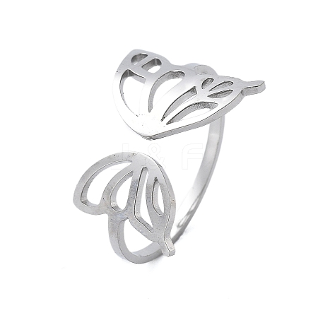 304 Stainless Steel Hollow Butterfly Wing Open Cuff Rings for Women RJEW-M024-02P-1