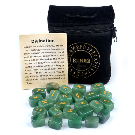 25Pcs Rectangle with Elder Futhark Alphabet Engraved Symbol Natural Green Aventurine Rune Stones PW-WG1B32E-05-1