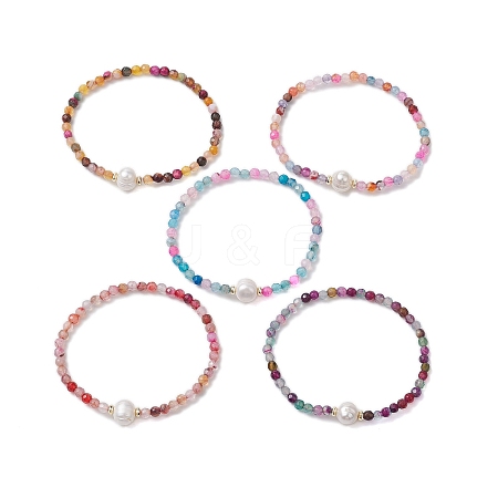 8mm Faceted Round Natural Agate(Dyed & Heated) Beaded Stretch Bracelets BJEW-JB10479-1